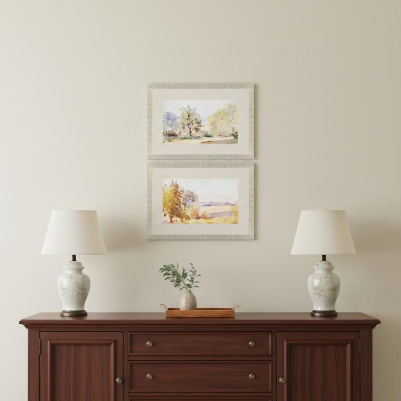 Ensemble de deux reproductions d'art encadrées dorées Sunrise Serene
