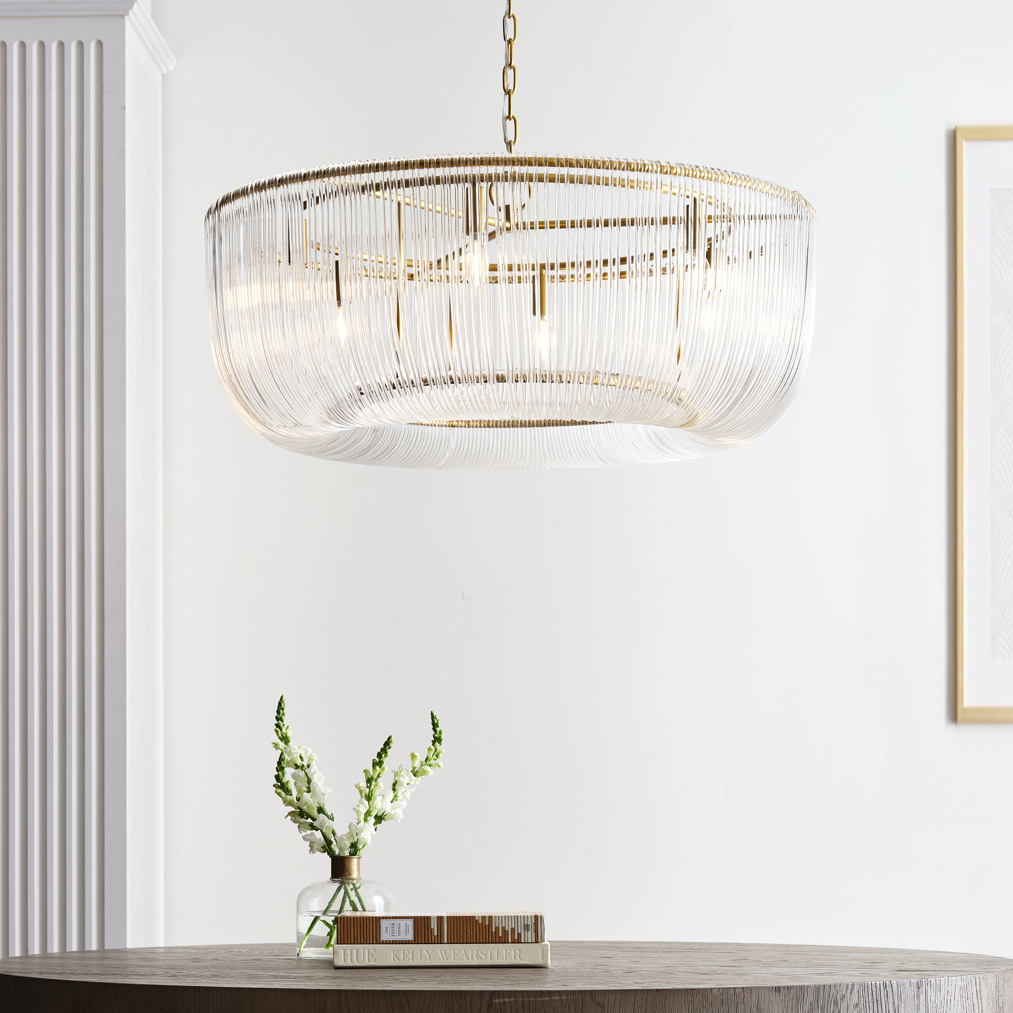 Chapman & Myers Pierce 6 Light Dining Room Pendant With Clear Shade, Burnished Brass, 83.5" H x 42" W x 42" D
