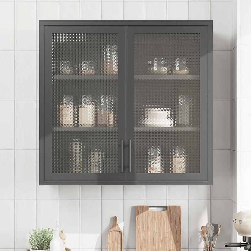 Armoire murale avec portes en verre et 2 tablettes réglables, Noir, noir, noir, noir