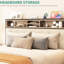 Structure de lit grand format avec tête de lit tapissier avec rangement, station de charge, lattes en métal doux et robustes, sans sommier, beige, design rétro industriel et plateforme Under Beige