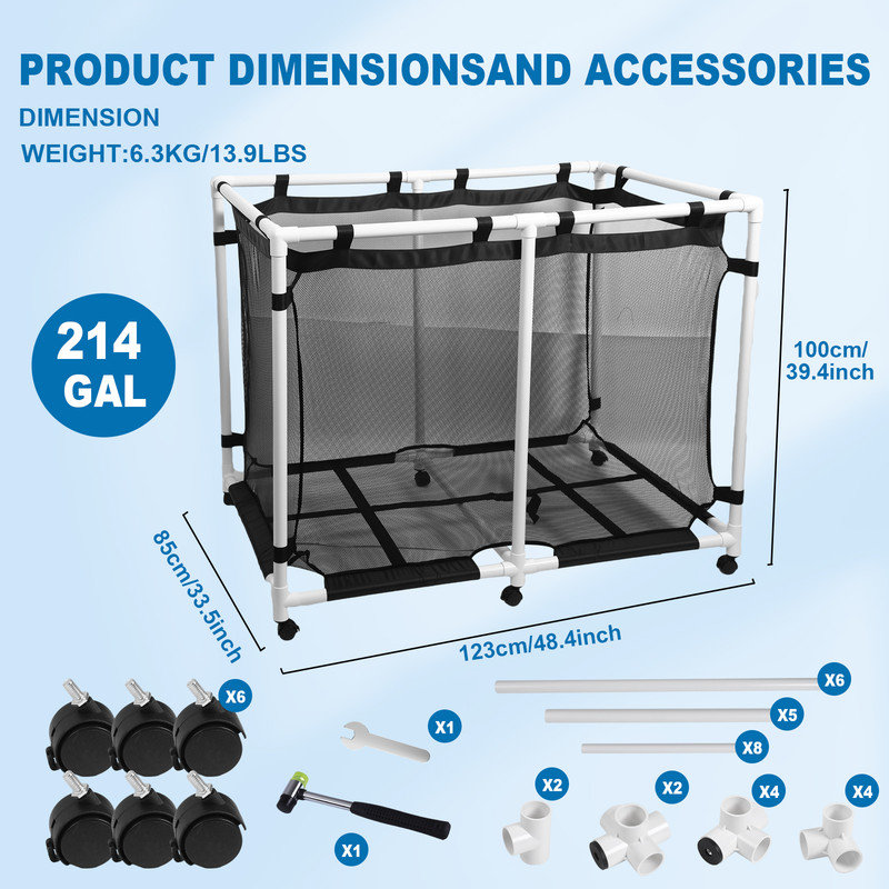 Extra Large Pool Storage Bin, 48.4" Rolling Mesh Container, Waterproof Pool Float & Toy Organizer, Outdoor Use, 856 qt