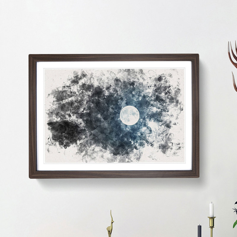 The Full Moon at Midnight Watercolour - Picture Frame Graphic Art Print, 40cm H x 60cm W x 2cm D, Walnut Framed