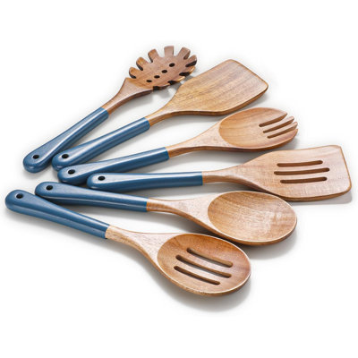6-Piece Acacia Wooden Kitchen Utensil Set, Non-Scratch & Heat-Resistant Cooking Spoons, Spatulas, And Forks With Smooth Grip And Hanging Holes