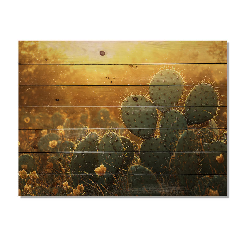 Cactus dans la lumière dorée I - Art mural en bois floral cactus - sur bois de pin naturel, H 34 po x l 44 po x P 0,78 po