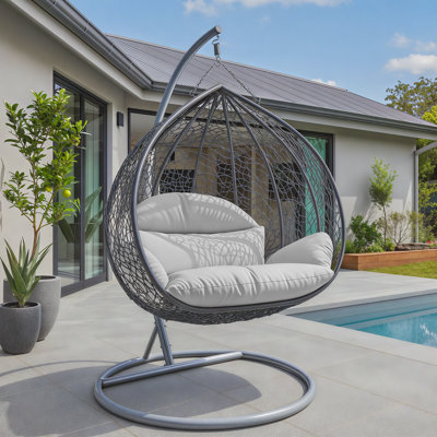2-Person Teardrop Hanging Egg Chair with Steel Stand & Cushions – All-Weather Wicker Double Swing Loveseat for Indoor & Outdoor Patio