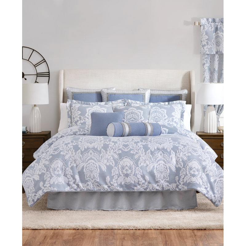 King White and Periwinkle Reversible Floral Damask Comforter Set