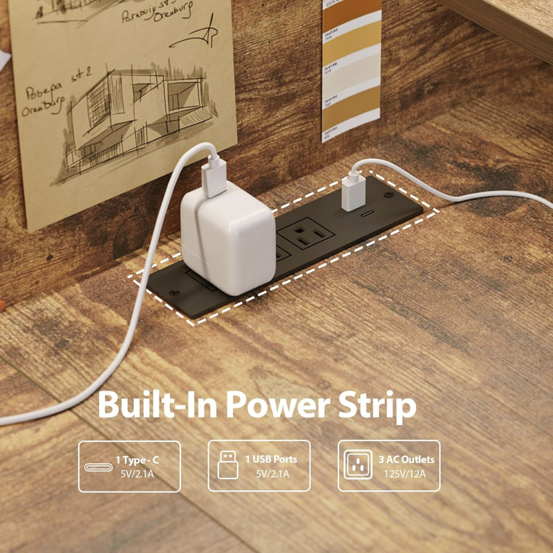 L-shaped Electric Standing Desk Power Outlet & LED Lights,Adjustable Computer Office Desk, Rustic Brown/Black