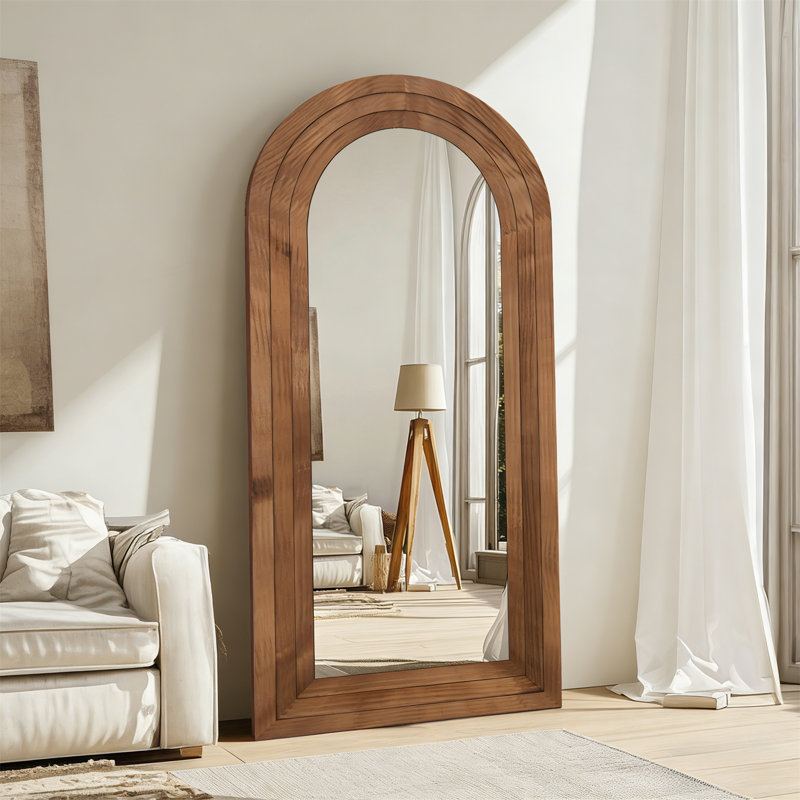 Arched Vintage Style Full-Length Mirror – Wooden Frame, Freestanding, Wall-Mounted, Oversized Floor Mirror, Brown