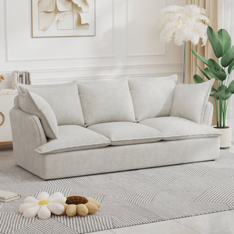 " modern deep seat 3-seater cloud sofa with 2 armrest pillows, chenille fabric, comfortable for living room, Beige Chenille