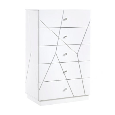 Commode de rangement à 5 tiroirs à finition blanche glamour
