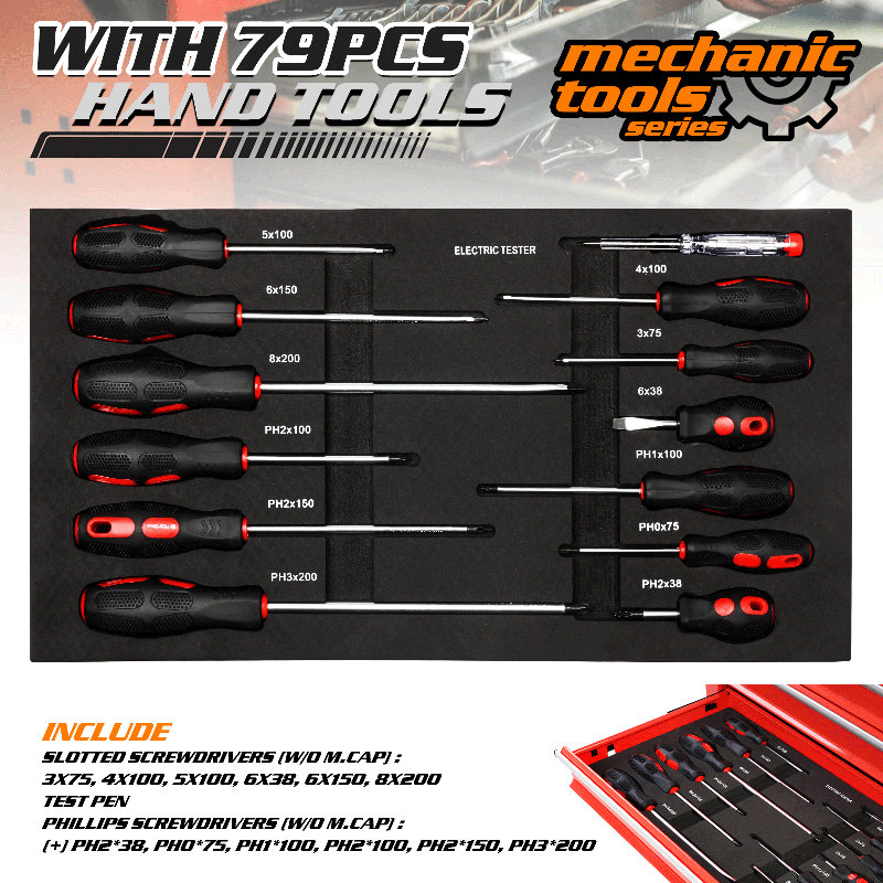 Coffre à outils à 6 tiroirs avec serrure, boîte à outils de rangement avec outils à main 79 pièces