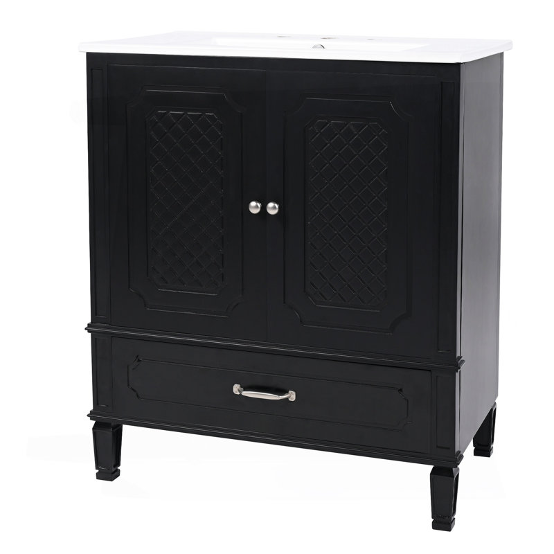 Meuble-lavabo 30 po avec lavabo style rétro, espace de rangement multifonctionnel, tablette de porte, porte à fermeture en douceur, noir