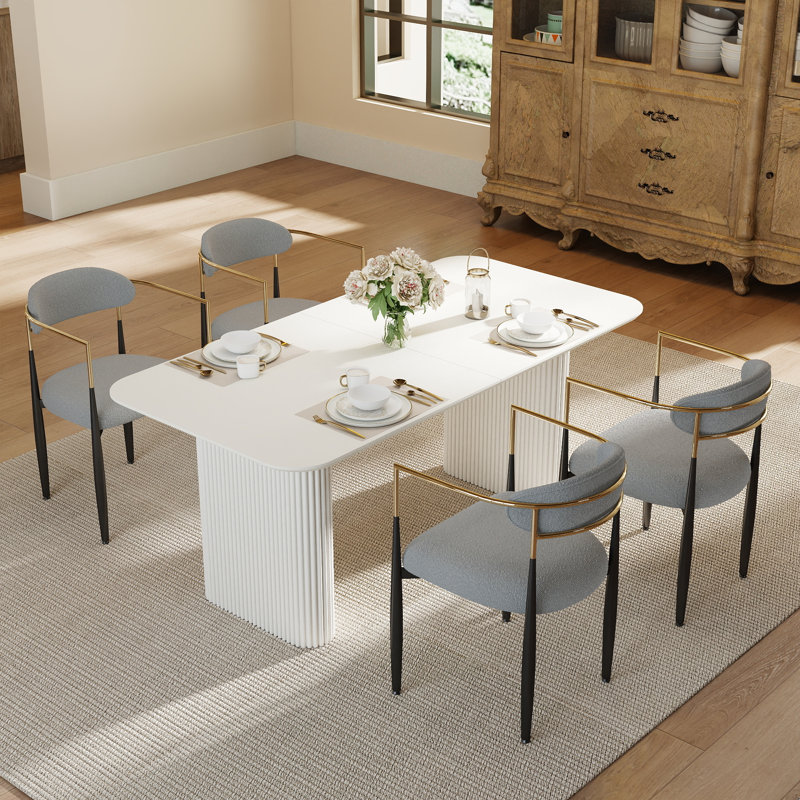 Table de salle à manger rectangulaire pour 4 à 6 personnes, Blanc, 5 pièces: table, 4 chaises, Gris