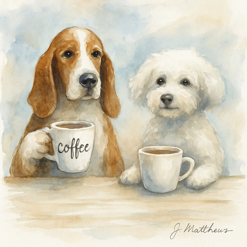 «Morning Mugs» - aquarelle, paire de chiens avec tasses à café, art mural sur toile, H 20 po x l 20 po