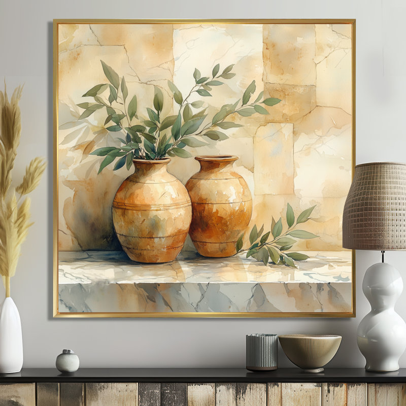 «Greek Amphora», art mural, toile nature morte, Stellacci, H 44 po x l 44 po, Cadre flottant doré