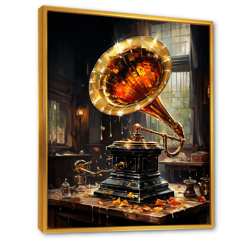 Gold Phonographs Elegance I - Phonographs, art mural, Cadre flottant doré, H 44 po x l 34 po x P 1,5 po