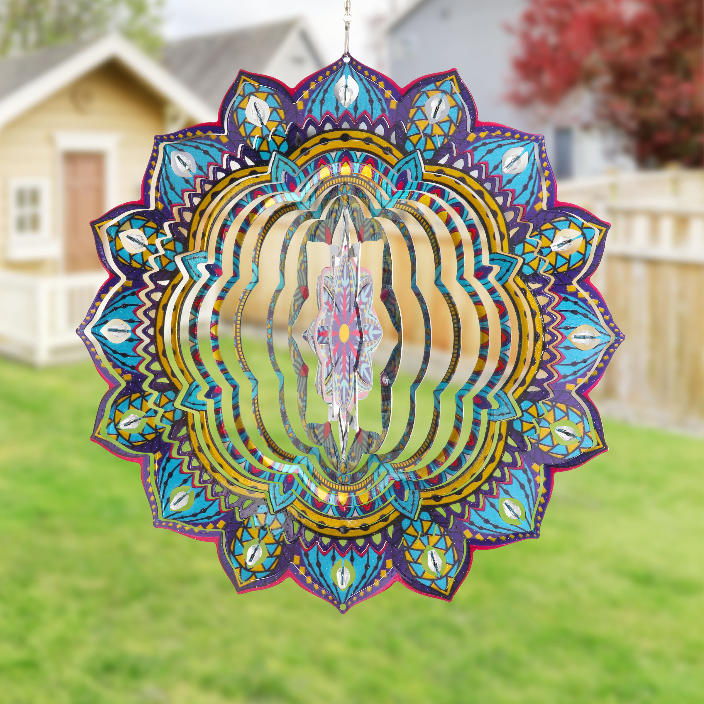 Exhart Laser Cut Mandala Hanging Starburst Wind Spinner with Bead