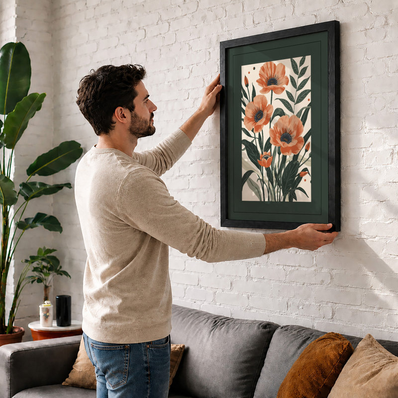 Orange Blooms & Foliage Botanical - Print, Walnut, A1 - 84.1 x 59.4 cm