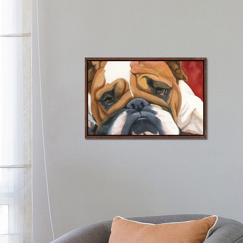 Bruiser The Bulldog by Teresa Kogut - Painting on Canvas, 45.72cm H x 66.04cm W x 3.81cm D, Classic Brown Wood Floater Framed