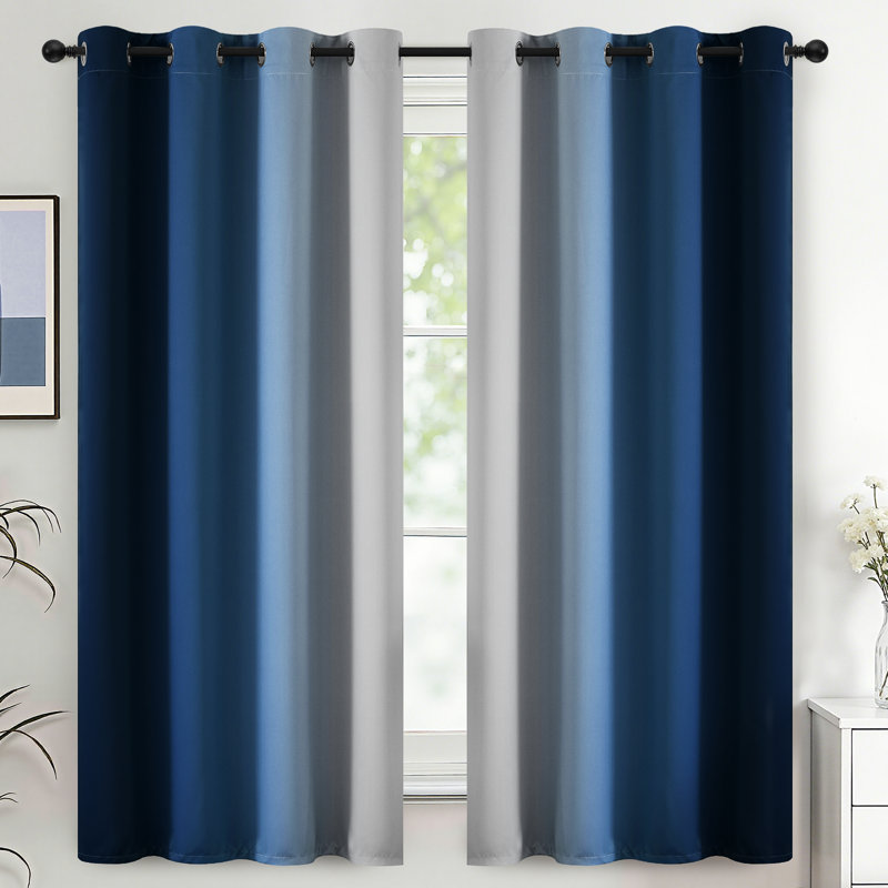 Rideaux isolants et isolants ombrés bleus, fenêtre à œillets dégradés 2 panneaux, L 52 po x L 63 po, Bleu / blanc grisâtre