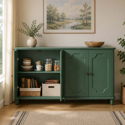 Green‑Finished Farmhouse‑Style Large Sideboard Credenza Furnishing, Four Decorative Curved Raised‑panel Cabinet Doors With Ample Hidden Storage, Accent Storage Cabinet For Entryway, Living‑Room And Kitchen
