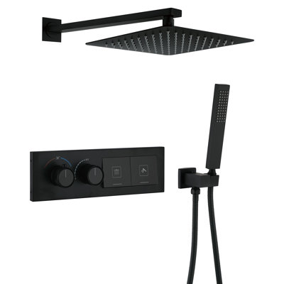 12" Thermostatic Rainfall Full Body Shower System, Temperature Display Shower Faucet Set With Rough-in Valve