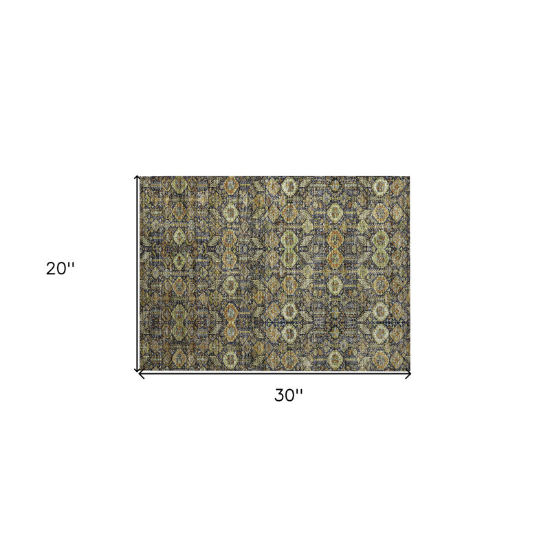 2' X 3' Blue and Orange Floral Washable Non Skid Indoor Outdoor Area Rug