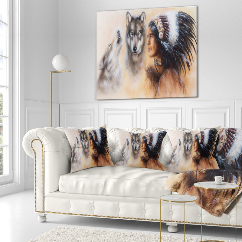 Coussin Indian Warrior avec deux loups