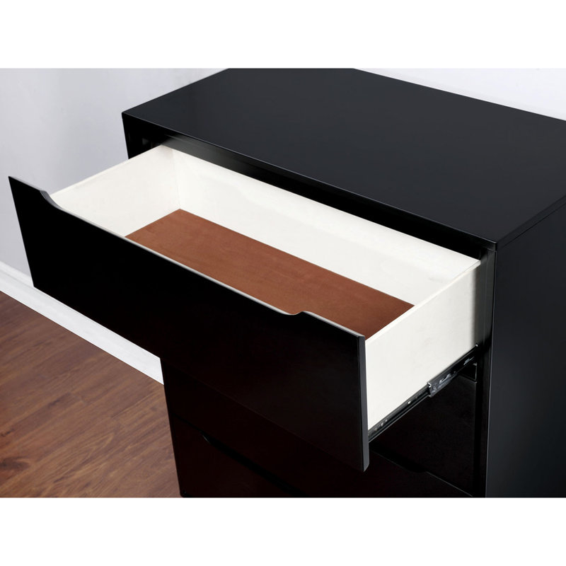 Commode Mid-Century moderne noire à 4 tiroirs avec poignées encastrées et fuselées