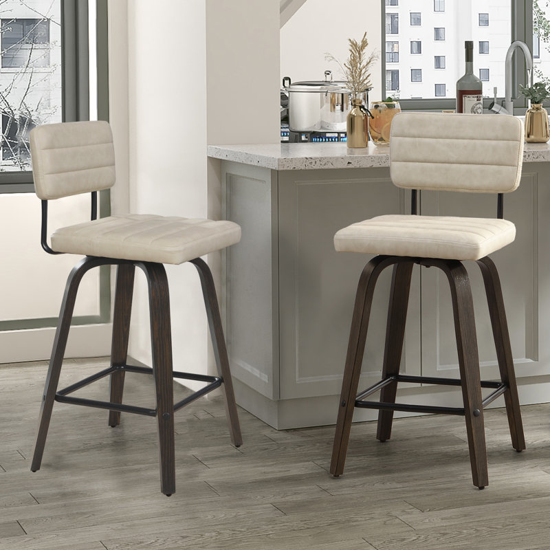 Randerick Swivel Upholstered 25.2" Faux Leather Counter Stool with Wood Frame, Beige