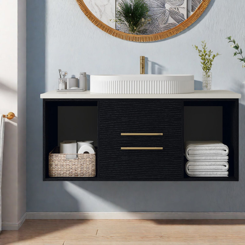 Meuble-lavabo moderne et peu encombrant avec lavabo ovale en céramique pour les petites salles de bain