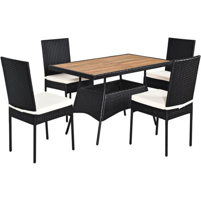 Latitude Run® Patiojoy 5pcs Outdoor Rattan Wicker Dining Set Acacia Wood Table & 4 Chairs With Cushions
