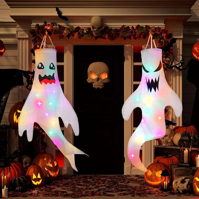 2Pcs Halloween Ghost Windsocks Decorations With LED Light ,Halloween Decorations Hanging Ghost