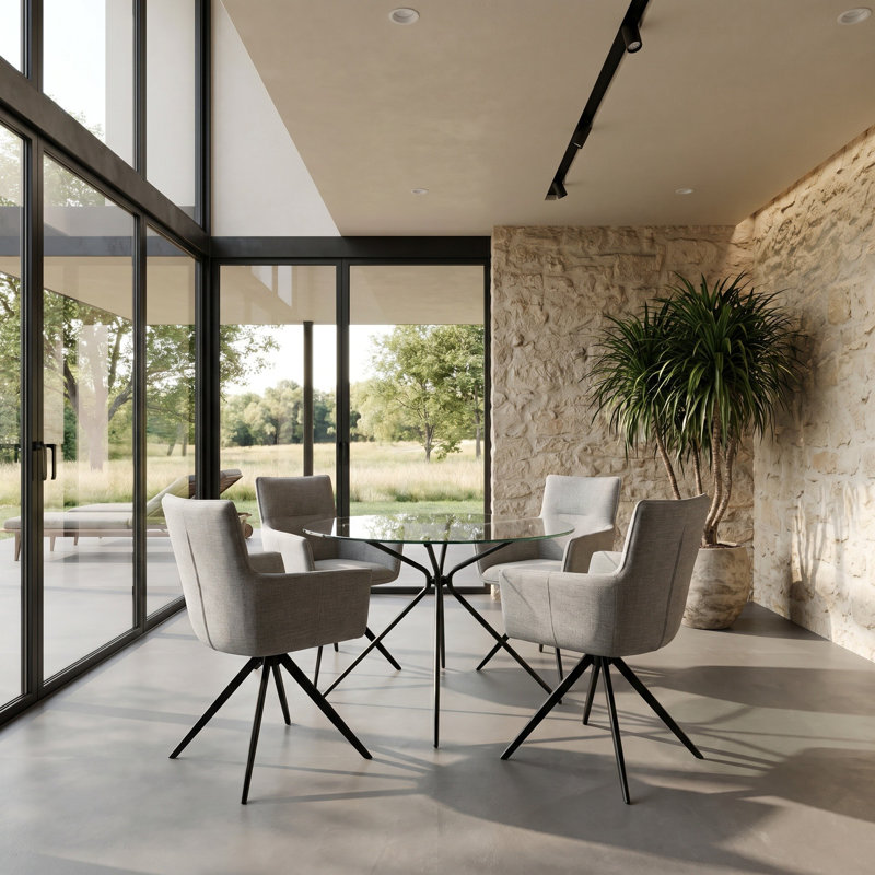 Orrum Round Glass Top Metal Base Dining Table, Black