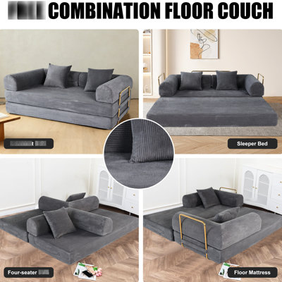 Lit convertible de 75 pouces, 21 compressés, mousse à mémoire de forme, fausse fourrure, salon, chambres d'amis, bois de frêne gris, microfibre, canapé à 3 places à assise souple et pliable avec mousse et 2 coussins, pour chambre