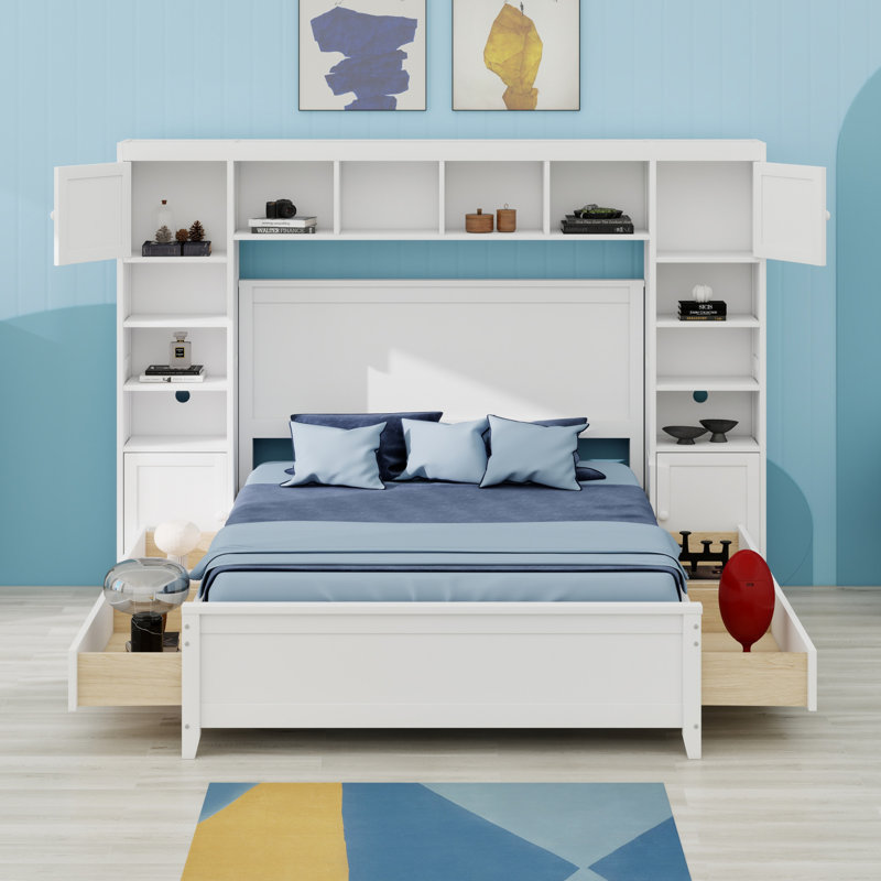Lit en bois avec armoire et tablette tout-en-un, blanc