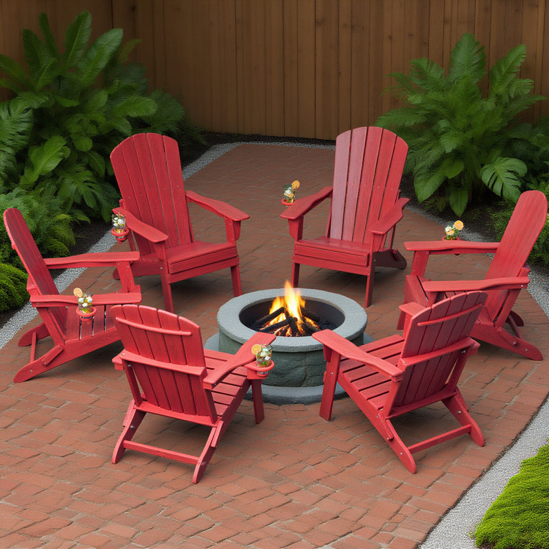 6-Piece Folding Adirondack Chair Set – All-Weather HDPE Outdoor Lounge Chairs with Cup Holders, Classic Firepit Seating for Patio, Backyard, Deck, or Garden