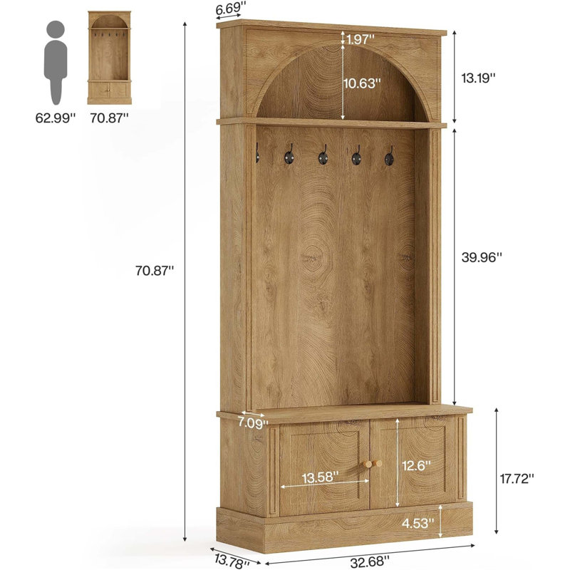 Freestanding Hall Tree Coat Rack with Shoe Bench, Adjustable Shoe Cabinet, Top Shelf, and Five Sturdy Hooks for Entryway Organization.