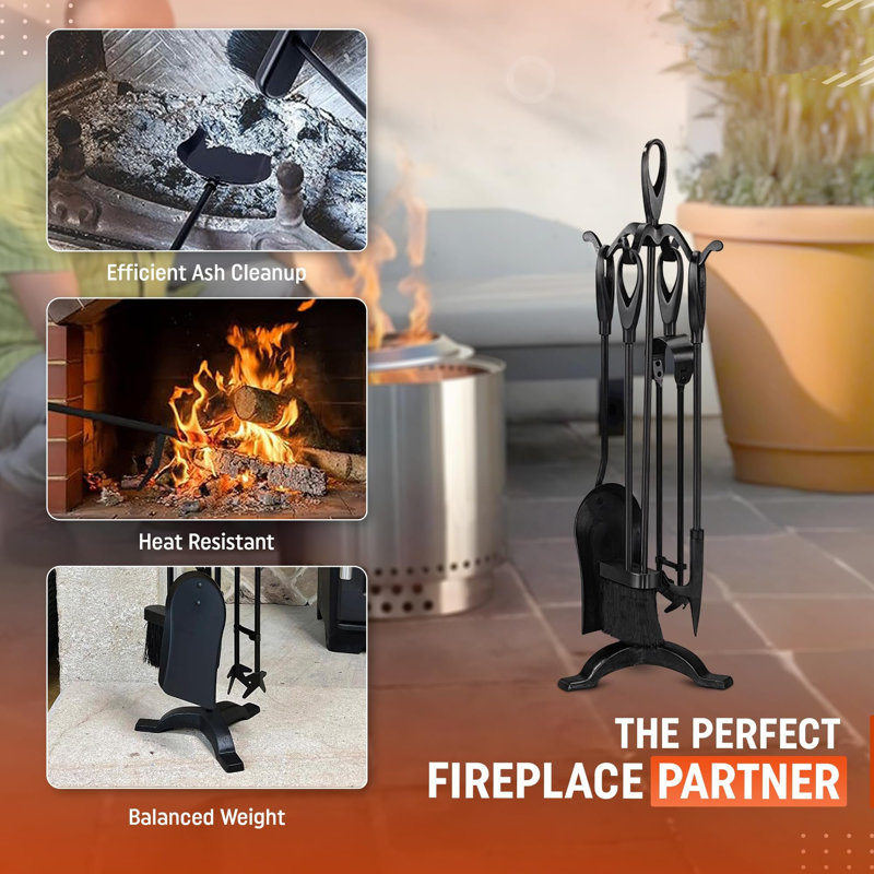 Leonie Steel Fireplace Tool Set, 61cm H x 19cm W x 19cm D, Matte Black