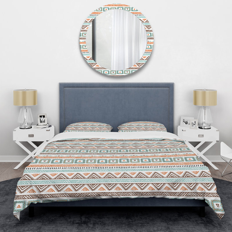 Rayures tribales bleues et brunes - ensemble de housse de couette abstrait - microfibre de polyester