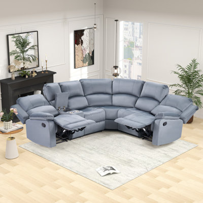 6-Piece Modern  Microfiber Manual Reclining L-Shaped Corner Sofa With Storage Console & Cup Holders