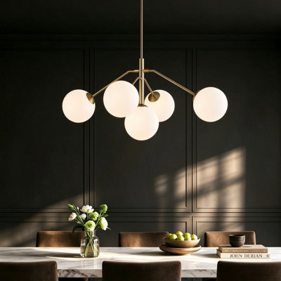 5- Light Modern Gold Sputnik Chandelier With White Glass Globe Shade For Kitchen Island Dining Room Living Room