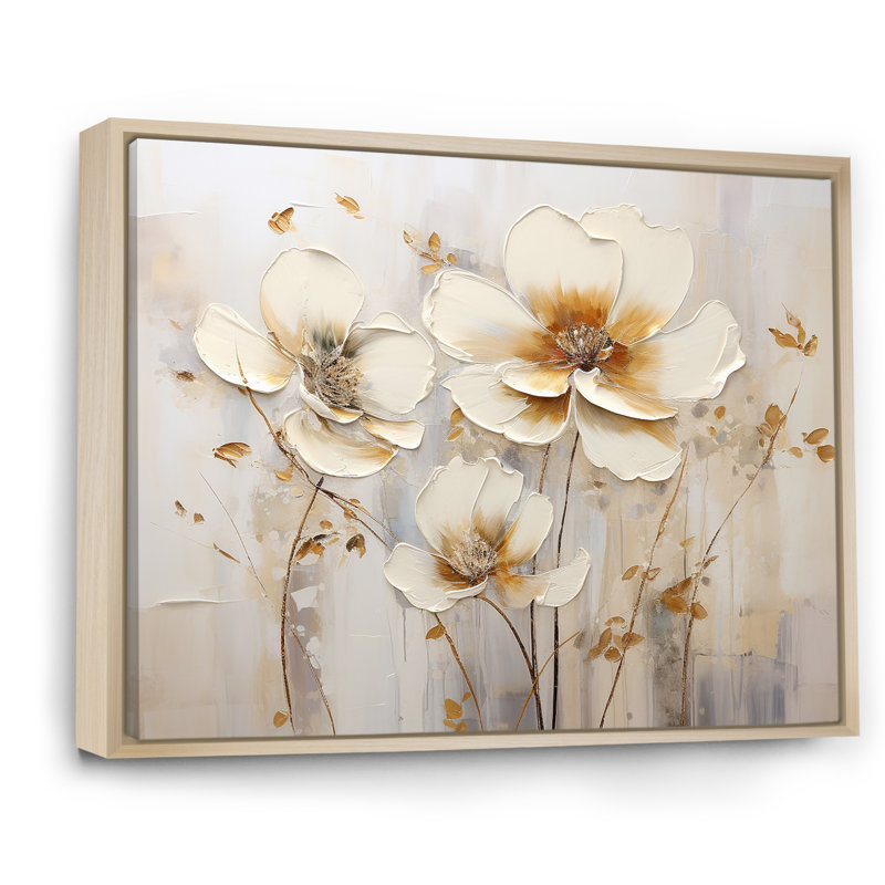 Transitions florales beiges sérénité sur toile, Cadre naturel flottant, H 34 po x l 44 po