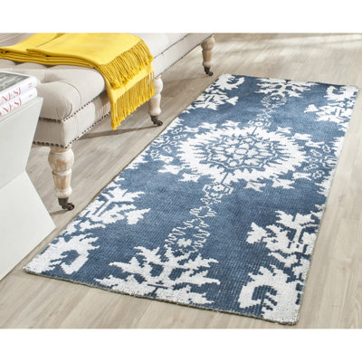 Stone Wash Hand Knotted Wool/Viscose/Cotton Ikat Rug in Indigo
