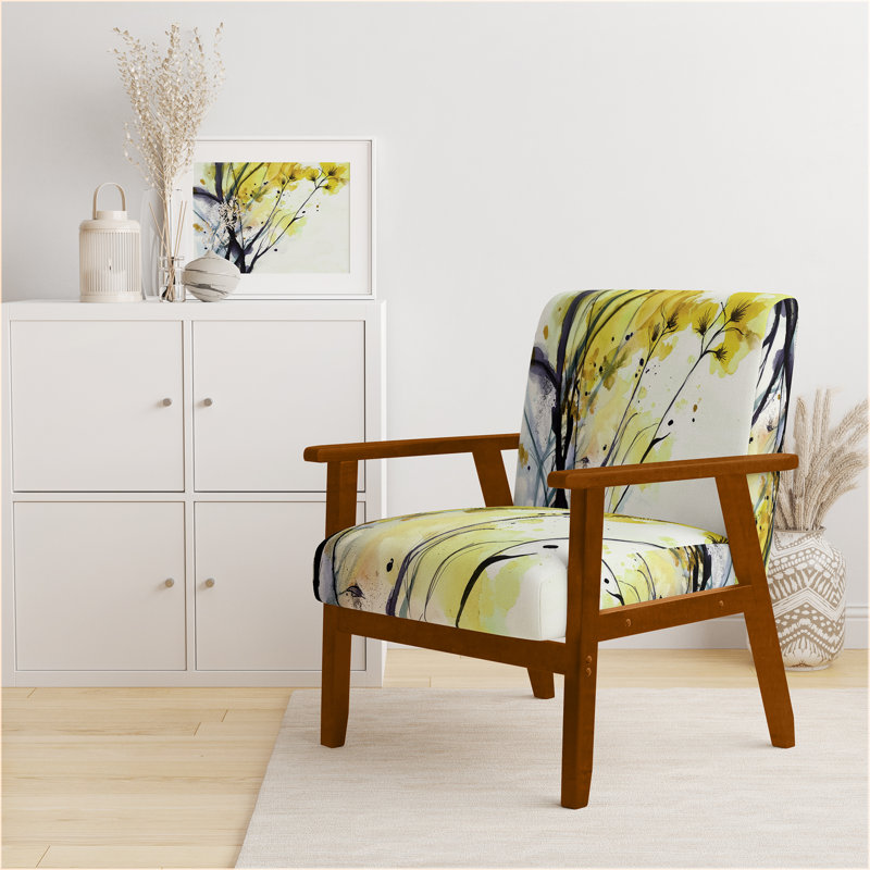 Fleurs orange abstraites - Fauteuil d'appoint rembourré traditionnel, Jaune / Noir / Blanc, Brun