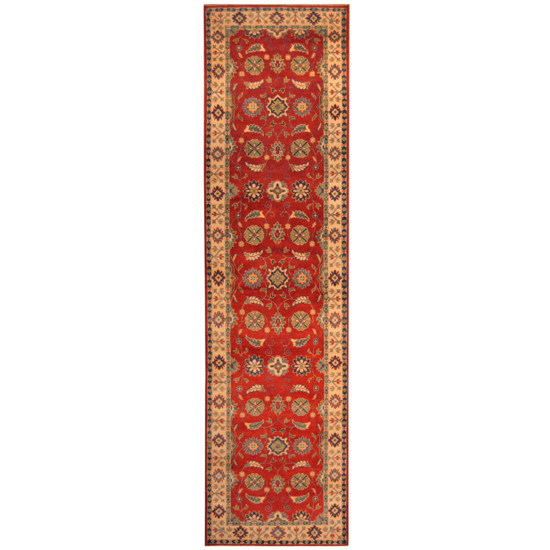 Tapis de couloir unique en laine noué à la main rouge / ivoire 2 pi 8 po x 10 pi 3 po Jevon