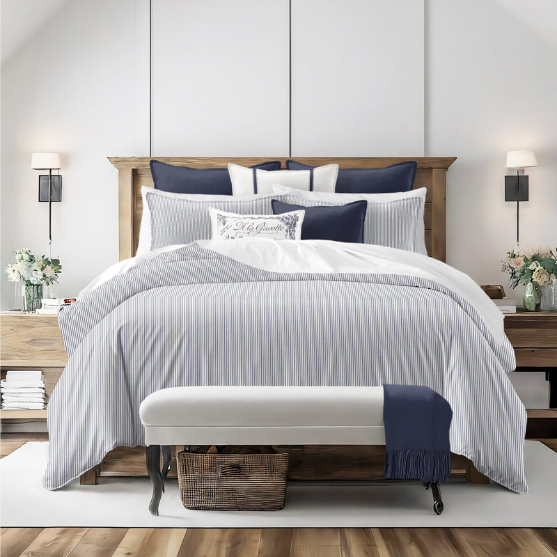 Jaxon Stripe Reversible Cotton Comforter Set, Full Comforter + 2 Standard Shams, Indigo