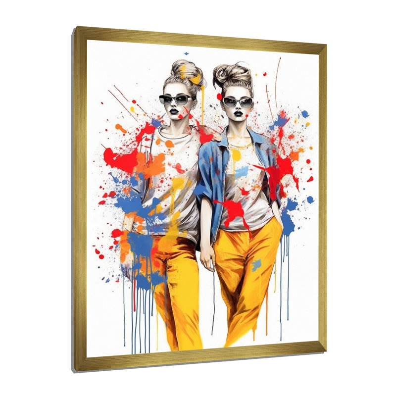 Jumeaux à la mode sur toile, H 44 po x l 34 po x P 1,5 po, Encadrement doré