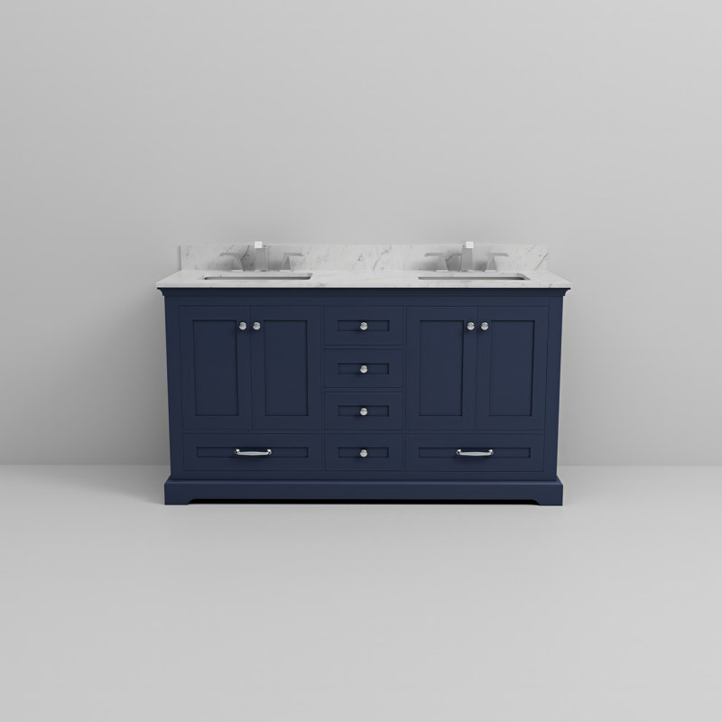 Ensemble de meuble-lavabo double 60 po Dukes, Marine, Marbre de Carrare blanc
