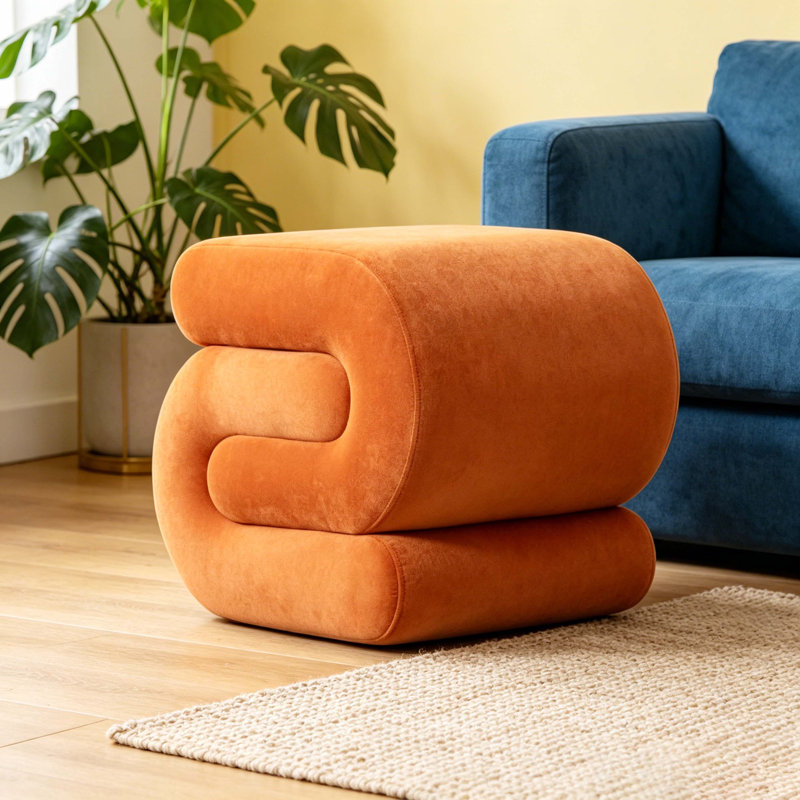 Orange S-Shaped Velvet Ottoman Stool, Upholstered Makeup Vanity Stool, Modern Curved Footstool With Wooden Frame For Living Room, Bedroom, Entryway